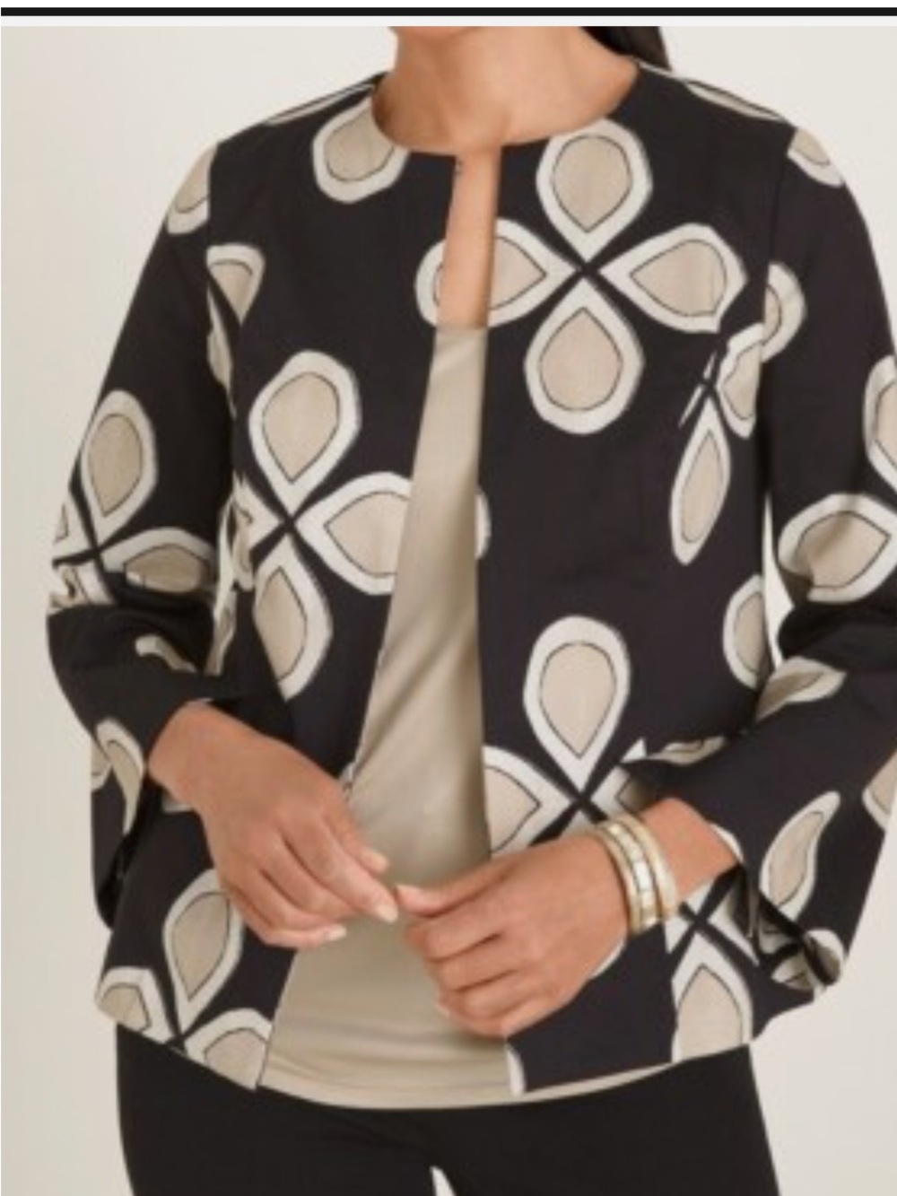 Genuine Chicos 3/4 Sleeve  Jacket with Cream and Tan Floral Motif Size 8/10